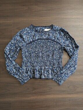 LOFT 100% Cotton Navy Long Sleeve Top Prairie Cottage Fall Smocked Peplum Small